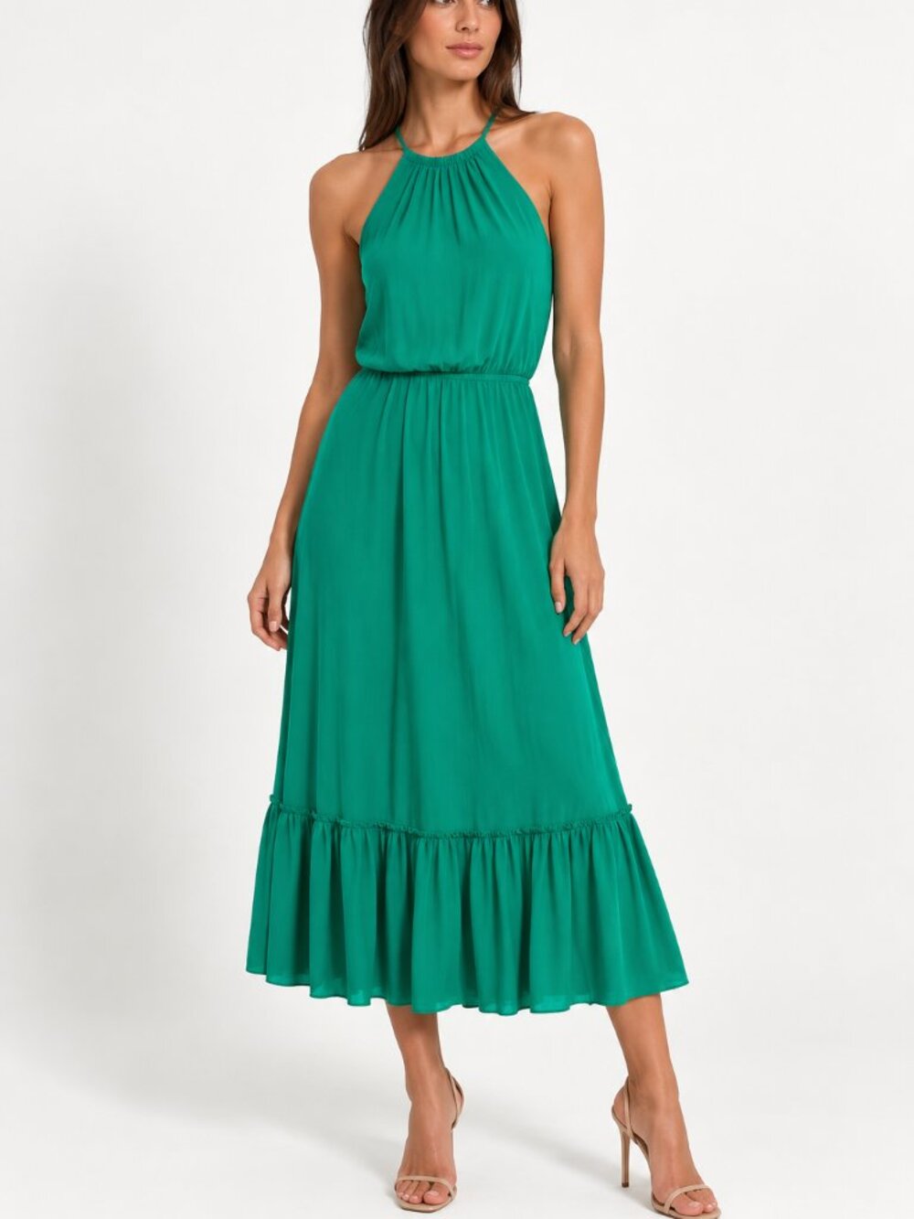 Cynthia Rowley Green Halter Tiered Ruffle Midi Dress
